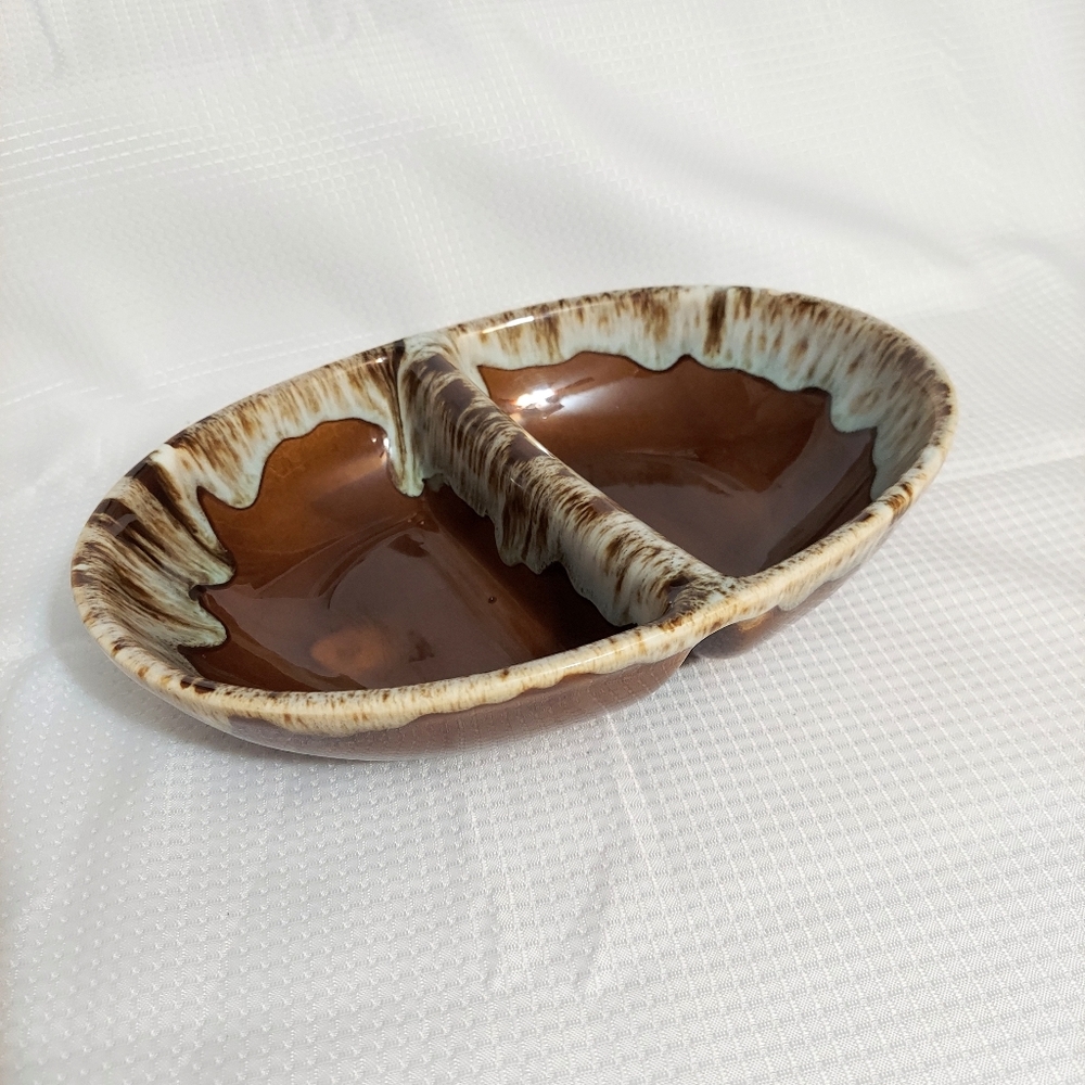 Canonsburg Divided Serving Dish Oval Vegetable Bowl Glazed Brown Stoneware